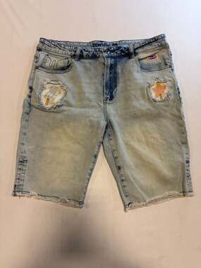 Born Fly Men's Light Wash Distressed Denim Shorts with Popsicle Star Patches 34